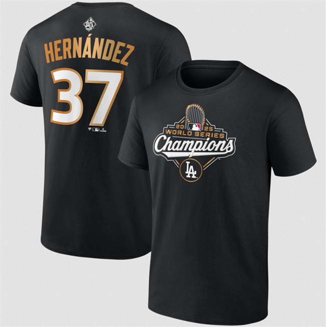 Men's Los Angeles Dodgers #37 Teoscar Hernandez Black 2025 World Series Champions Name & Number T-Shirt