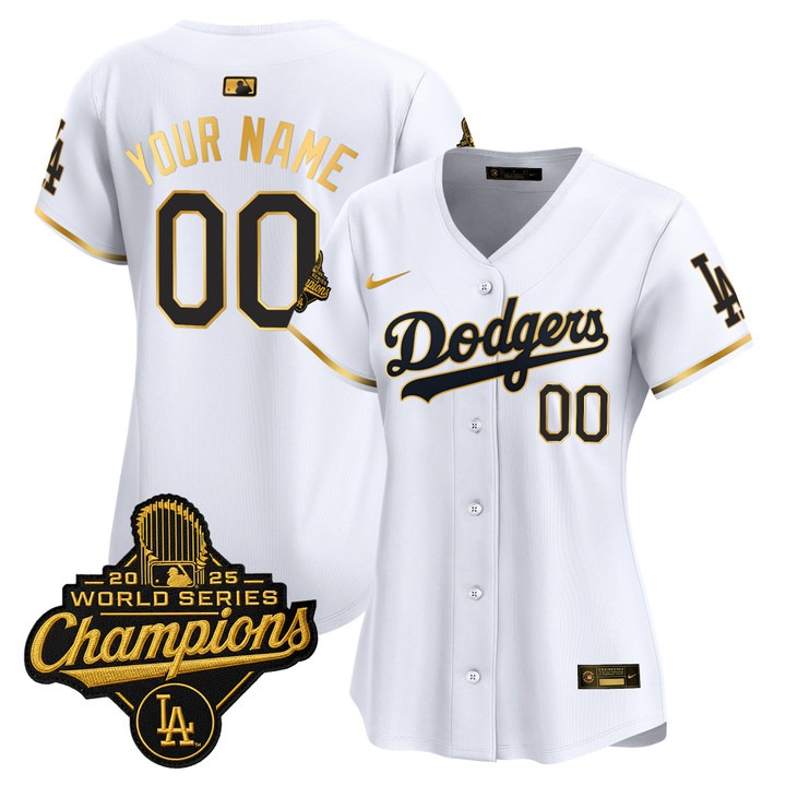 Women's Dodgers Custom 'Gold Trim' 2025 World Series Champions Limited Stitched Jersey - White Gold