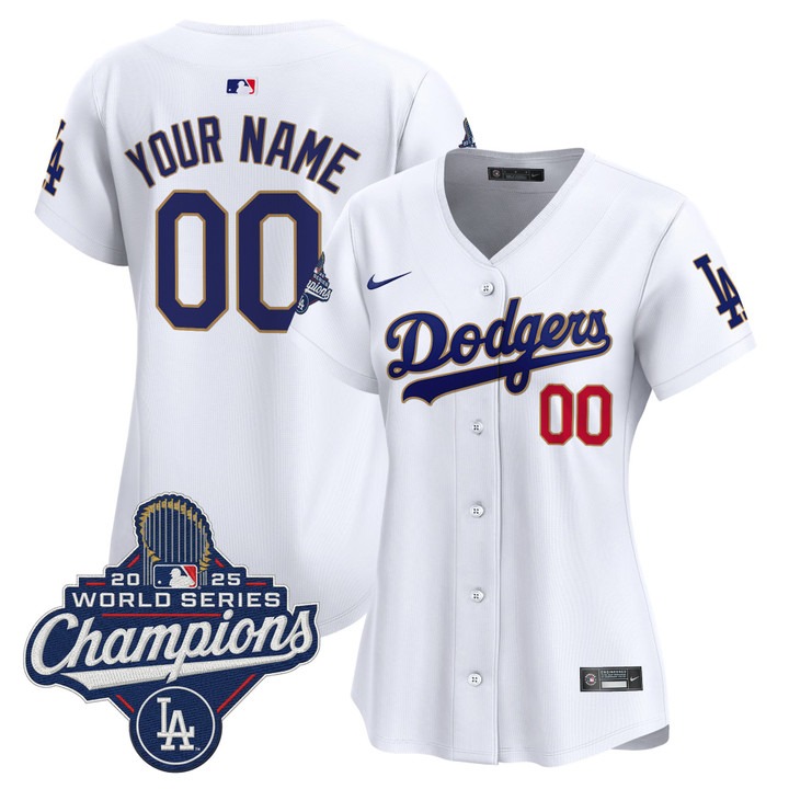 Women's Dodgers Custom 'Gold Trim' 2025 World Series Champions Limited Stitched Jersey - White