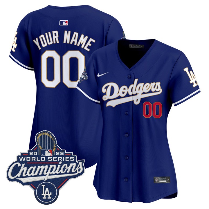 Women's Dodgers Custom 'Gold Trim' 2025 World Series Champions Limited Stitched Jersey - Royal