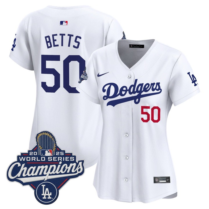 Women's Dodgers #50 Mookie Betts 2025 World Series Champions Nike Limited Jersey White