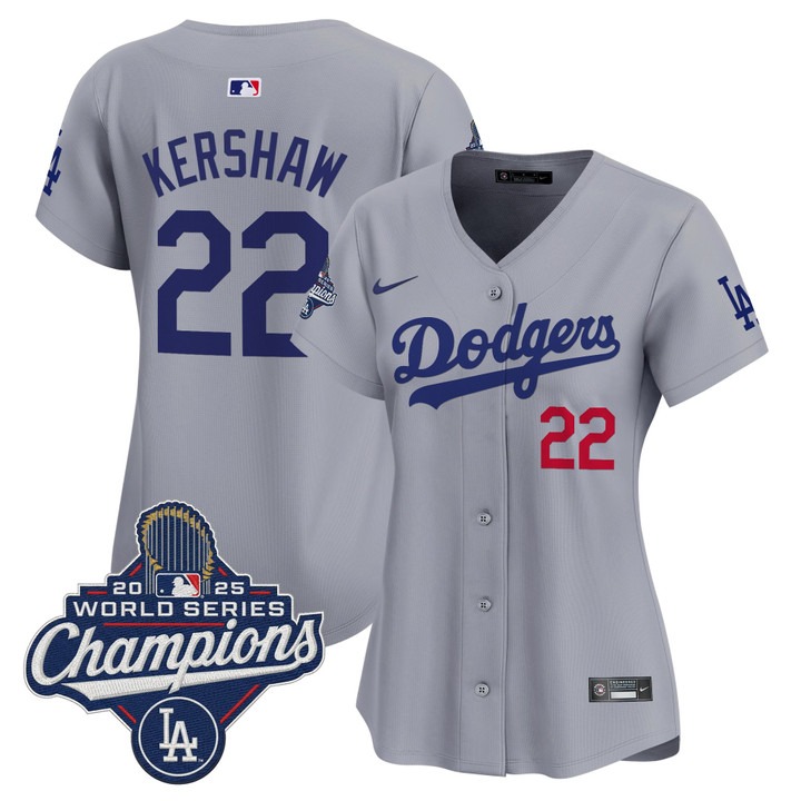 Women's Dodgers #22 Clayton Kershaw 2025 World Series Champions Nike Limited Jersey Grey