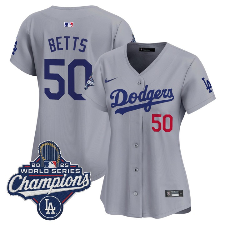 Women's Dodgers #50 Mookie Betts 2025 World Series Champions Nike Limited Jersey Grey