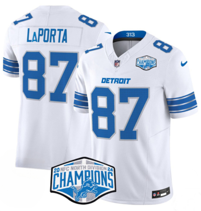 Men's Detroit Lions #87 Sam LaPorta White 2024 NFC North Champions F.U.S.E. Vapor Limited Stitched Jersey