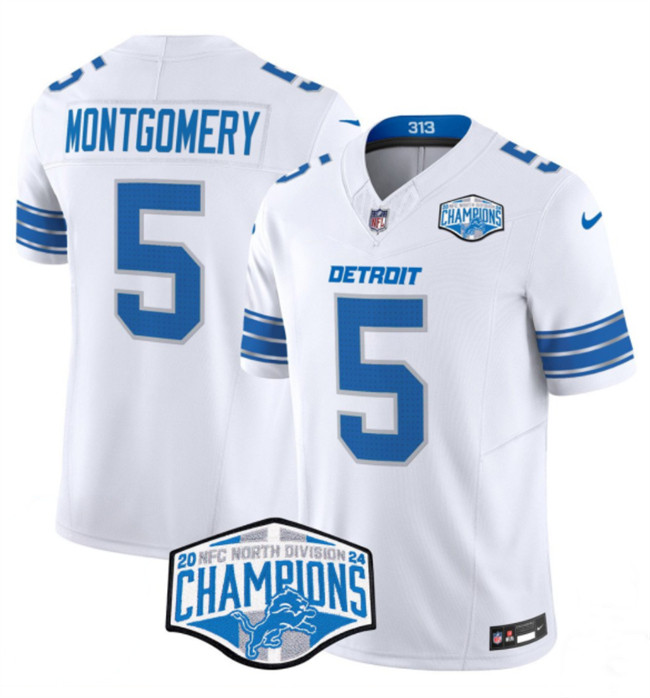 Men's Detroit Lions #5 David Montgomery White 2024 NFC North Champions F.U.S.E. Vapor Limited Stitched Jersey