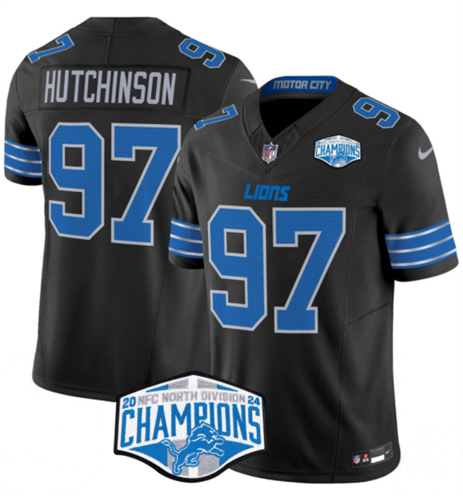 Men's Detroit Lions #97 Aidan Hutchinson Black 2024 NFC North Champions F.U.S.E. Vapor Limited Stitched Jersey