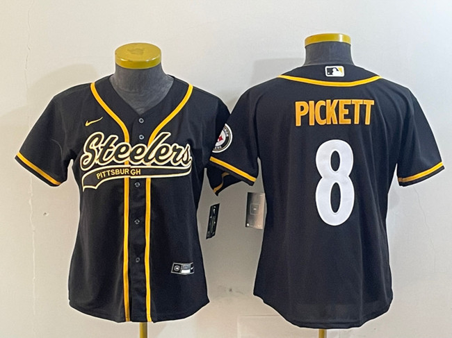 Youth Pittsburgh Steelers #8 Kenny Pickett Black With Patch Cool Base Stitched Baseball Jersey