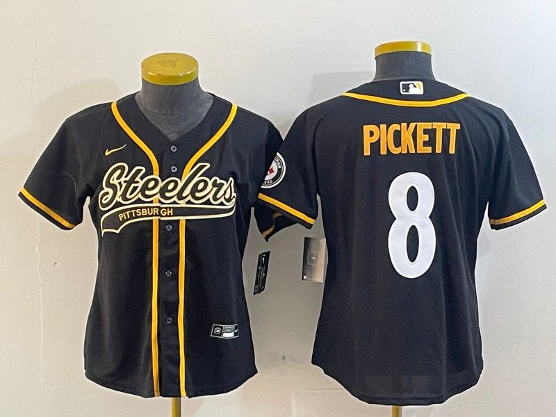 Women's Pittsburgh Steelers #8 Kenny Pickett Black With Patch Cool Base Stitched Baseball Jersey(Run Small)