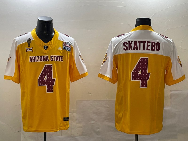 Men's Arizona State Sun Devils #4 Cam Skattebo 2024 F.U.S.E. Gold_White Pat Tillman & Peach Bowl Patch Vapor Limited Stitched Jersey