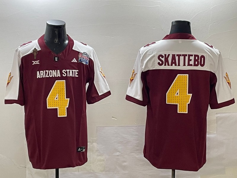 Men's Arizona State Sun Devils #4 Cam Skattebo 2024 F.U.S.E. Maroon_White Pat Tillman & Peach Bowl Patch Vapor Limited Stitched Jersey