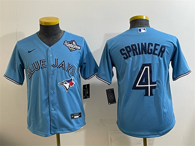 Youth Toronto Blue Jays #4 George Springer Blue 2025 World Series Cool Base Stitched Baseball Jersey