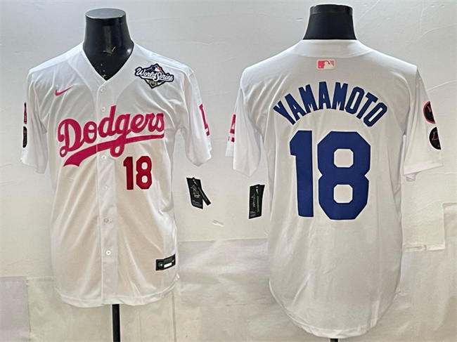 Men's Los Angeles Dodgers #18 Yoshinobu Yamamoto White Pink 2025 World Series Vin & Kobe Patch Limited Stitched Baseball Jersey