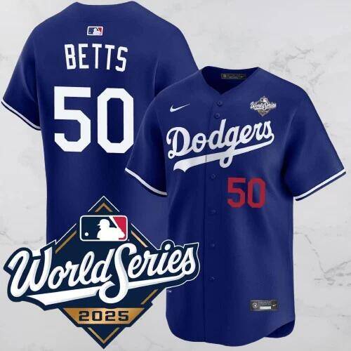 Men's Los Angeles Dodgers #50 Mookie Betts Blue 2025 World Series Vapor Limited Stitched Baseball Jersey
