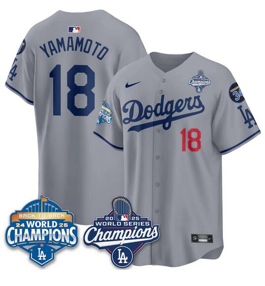 Men's Los Angeles Dodgers #18 Yoshinobu Yamamoto Grey 2025 World Series Champions & Back to Back Champions With No.34 Patch Limited Stitched Baseball Jersey
