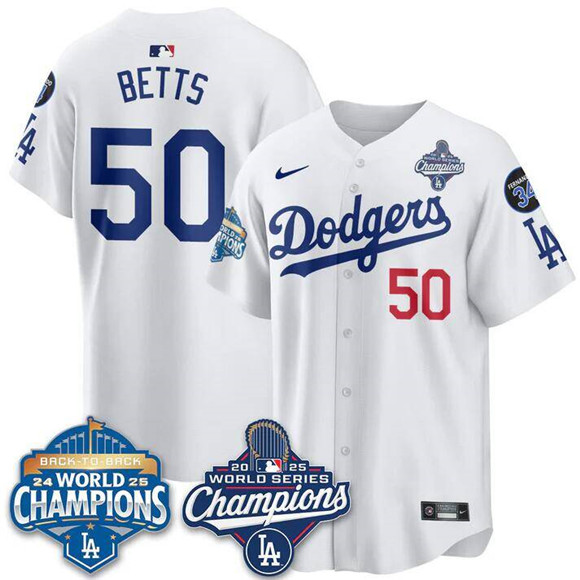 Men's Los Angeles Dodgers #50 Mookie Betts White 2025 World Series Champions & Back to Back Champions With No.34 Patch Limited Stitched Baseball Jersey