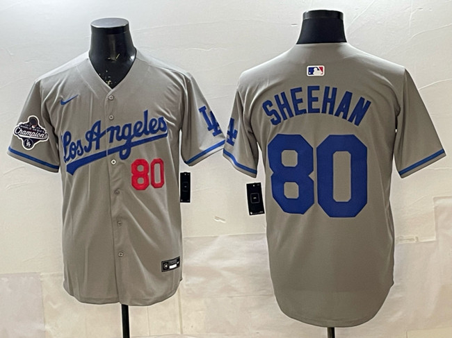 Men's Los Angeles Dodgers #80 Emmet Sheehan Grey 2025 World Series Champions Patch Limited Stitched Baseball Jersey