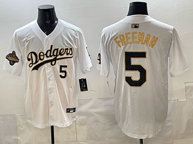 Men's Los Angeles Dodgers #5 Freddie Freeman White Gold 2025 World Series Champions Patch Limited Stitched Baseball Jersey