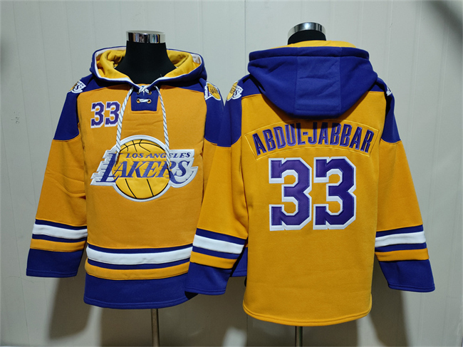 Men's Los Angeles Lakers #33 Kareem Abdul-Jabbar Yellow Lace-Up Pullover Hoodie