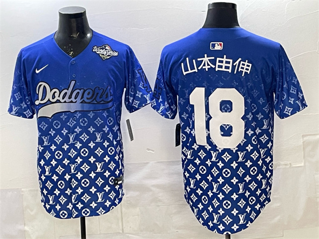 Men's Los Angeles Dodgers #18 山本由伸 Blue 2025 World Series Patch Limited Stitched Baseball Jersey