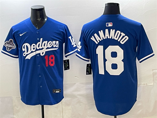 Men's Los Angeles Dodgers #18 Yoshinobu Yamamoto Royal 2025 World Series Champions Patch Limited Stitched Baseball Jersey