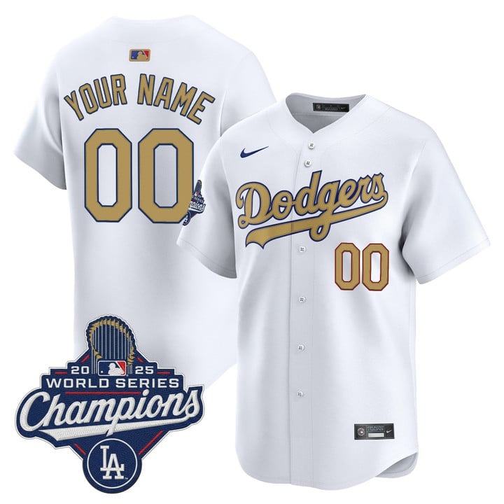 Men's LA Dodgers Custom 2025 World Series Champions Gold Nike Limited Stitched MLB Jersey White