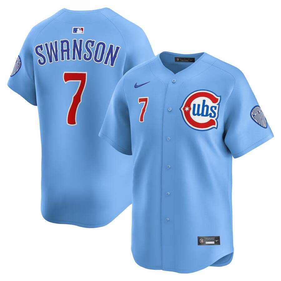 Men's Chicago Cubs #7 Dansby Swanson Baby Blue 2nd Alternate Limited Stitched Baseball Jersey