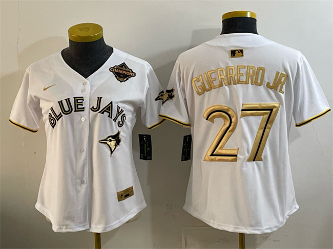 Women's Toronto Blue Jays #27 Vladimir Guerrero Jr. White Gold 2025 American League Champions Limited Stitched Baseball Jersey(Run Small)