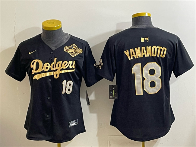 Youth Los Angeles Dodgers #18 Yoshinobu Yamamoto Black Gold 2025 World Series Patch Limited Stitched Baseball Jersey