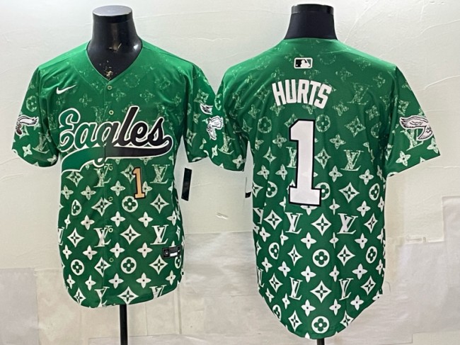 Men's Philadelphia Eagles #1 Jalen Hurts Green With Patch Limited Stitched Baseball Jersey