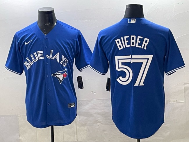 Men's Toronto Blue Jays #57 Shane Bieber Blue Cool Base Stitched Baseball Jersey