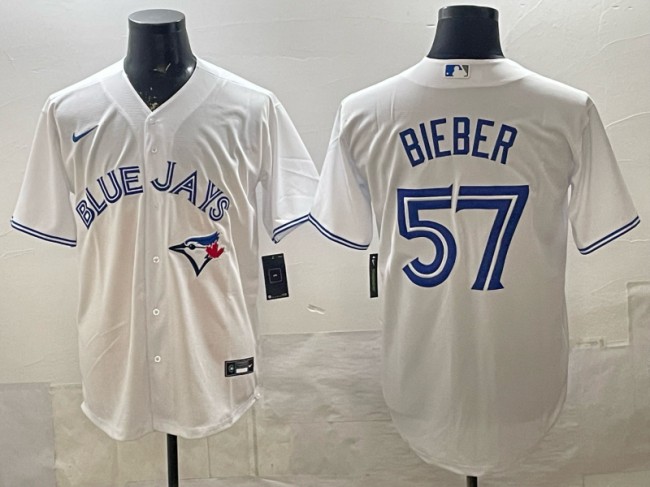 Men's Toronto Blue Jays #57 Shane Bieber White Cool Base Stitched Baseball Jersey