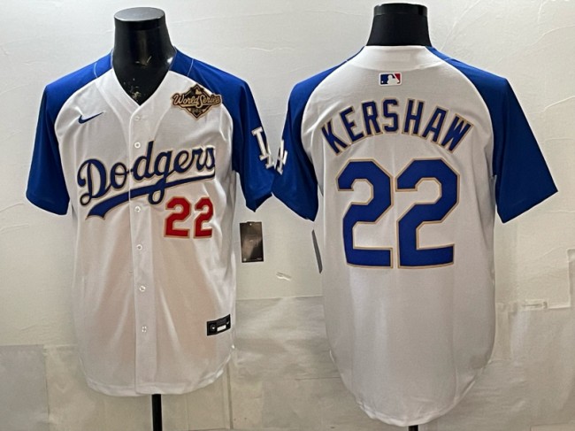 Men's Los Angeles Dodgers #22 Clayton Kershaw White Royal Gold 2025 World Series Patch Limited Stitched Baseball Jersey