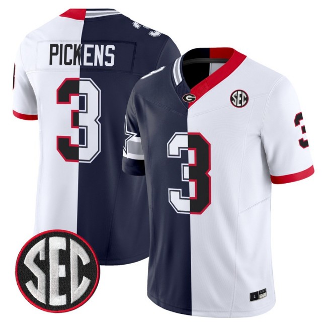Men's Dallas Cowboys Split Georgia Bulldogs #3 George Pickens Navy White F.U.S.E. Vapor Limited Stitched Jersey