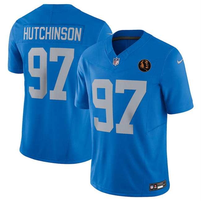 Men's Detroit Lions #97 Aidan Hutchinson Blue 2025 F.U.S.E.With John Madden Patch Vapor Limited Stitched Jersey
