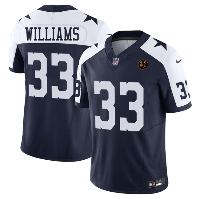 Men's Dallas Cowboys #33 Javonte Williams Navy 2025 F.U.S.E. With John Madden Patch Thanksgiving Vapor Limited Stitched Football Jersey