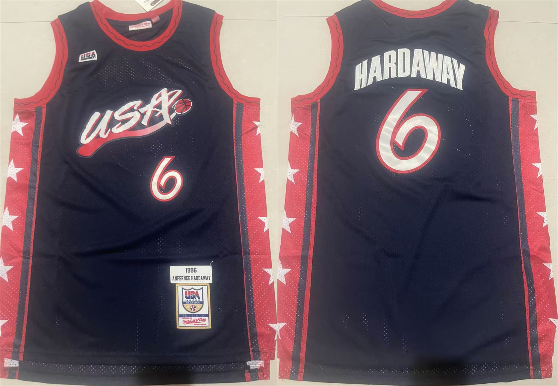 Men's USA Basketball #6 Anfernee Hardaway Navy 1996 Stitched Jersey