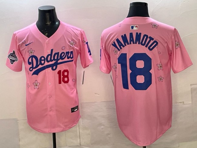 Men's Los Angeles Dodgers #18 Yoshinobu Yamamoto Pink 2025 Tokyo Series World Series Champions Patch Limited Jersey