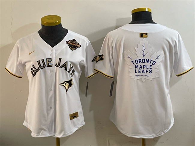Youth Toronto Blue Jays & Leafs White Gold 2025 American League Champions With White Leafs Logo Limited Stitched Baseball Jersey