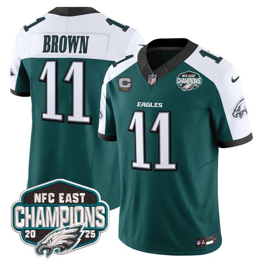 Men's Philadelphia Eagles #11 A.J. Brown Green White F.U.S.E. 2025 NFC East Division Champions Vapor Limited Stitched Jersey
