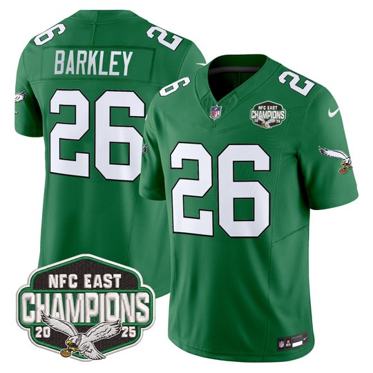 Men's Philadelphia Eagles #26 Saquon Barkley Kelly Green F.U.S.E. 2025 NFC East Division Champions Vapor Limited Stitched Jersey