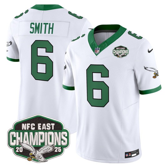 Men's Philadelphia Eagles #6 DeVonta Smith Kelly White F.U.S.E. 2025 NFC East Division Champions Vapor Limited Stitched Jersey