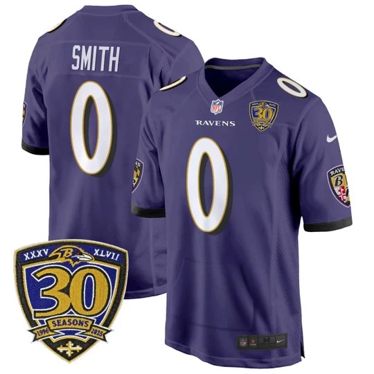 Men's Baltimore Ravens #0 Roquan Smith Purple With 30 Seasons Patch Stitched Jersey