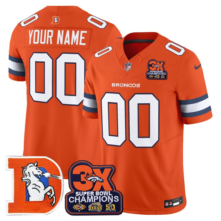 Men's & Women's & Youth Denver Broncos Custom Orange F.U.S.E. 3-Time Champions Patch Throwback Vapor Limited Stitched Jersey
