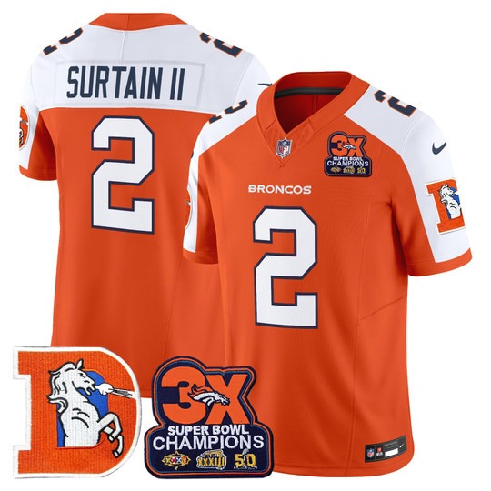 Men's & Women's & Youth Denver Broncos #2 Patrick Surtain II Orange White F.U.S.E. 3-Time Champions Throwback Vapor Limited Stitched Jersey