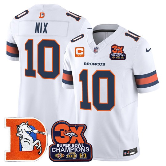 Men's & Women's & Youth Denver Broncos #10 Bo Nix White F.U.S.E. 3-Time Champions Throwback Vapor Limited Stitched Jersey
