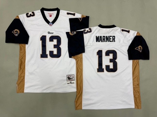 Men's Los Angeles Rams #13 Kurt Warner White 'MN' 2001 Throwback Stitched Jersey