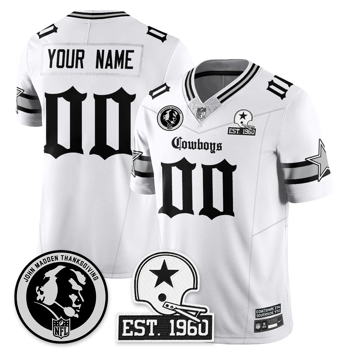 Men's & Women's & Youth Dallas Cowboys White Custom 'Gothic John Madden' Patch Vapor Limited Stitched Jersey