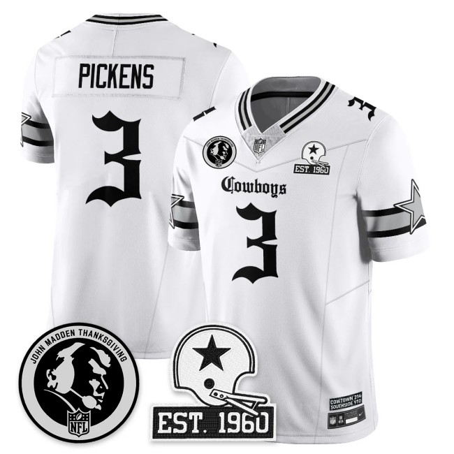 Men's Dallas Cowboys #3 George Pickens White 'Gothic John Madden Patch Vapor Limited Stitched Jersey