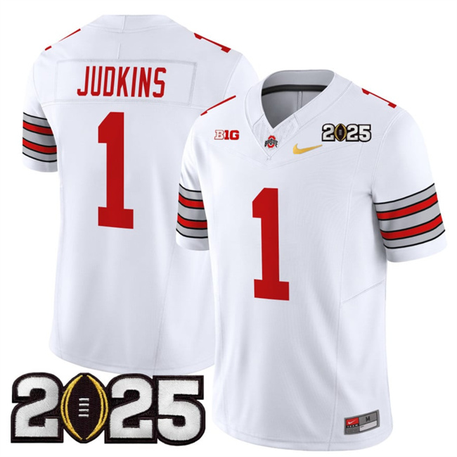 Men's Ohio State Buckeyes #1 Quinshon Judkins White_Gold 2025 CFP Final Patch F.U.S.E. Vapor Limited Stitched Football Jersey