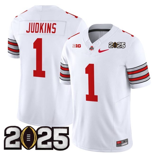 Men's Ohio State Buckeyes #1 Quinshon Judkins White 2025 CFP Final Patch F.U.S.E. Vapor Limited Stitched Football Jersey